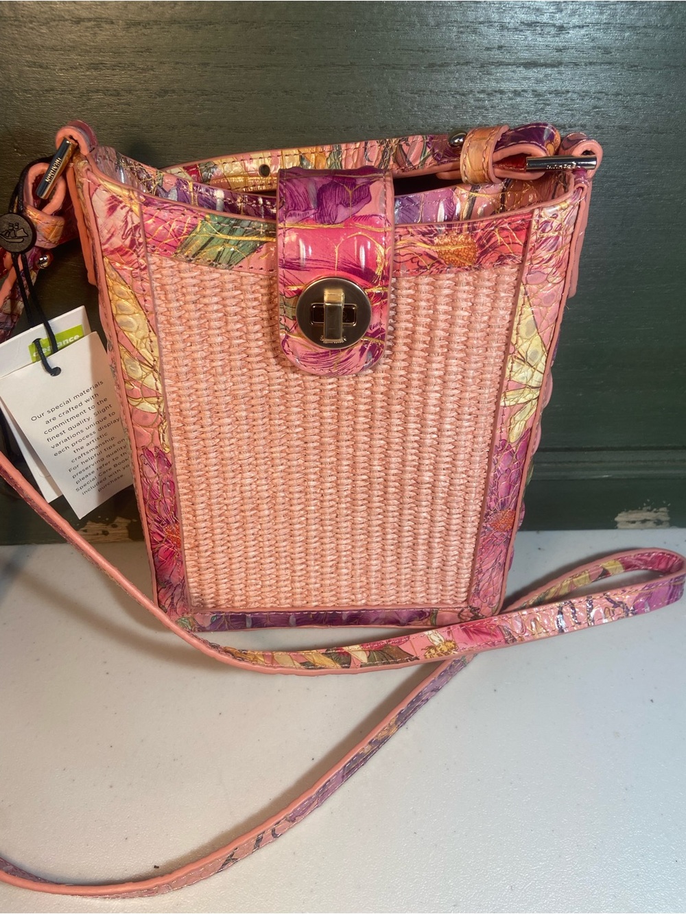 Brahmin Pink Woven Crossbody with Floral Trim - Picture 3 of 13